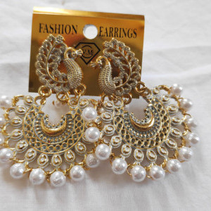 White color Fashion Jewellery - Women's Peacock Design Golden Earring