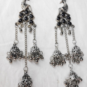 Black color Women's Peacock 3 Silver Oxidized Jhumki earring 