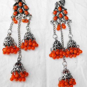 Orange color Women's Peacock 3 Silver Oxidized Jhumki earring 