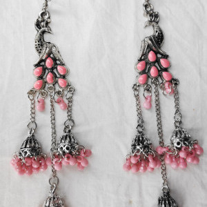 Pink color Women's Peacock 3 Silver Oxidized Jhumki earring 