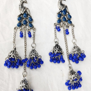 Royal Blue color Fashion Jewellery - Women's Peacock 3 Silver Oxidized Jhumki earring 