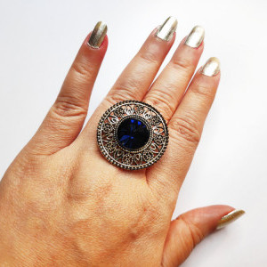 Navy Blue color Fashion Jewellery - Oxidised Antique Silver tone Statement Finger ring for girls 