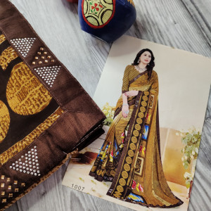 Mustard color Sarees - Beautiful Printed Saree with Swarovski work Border