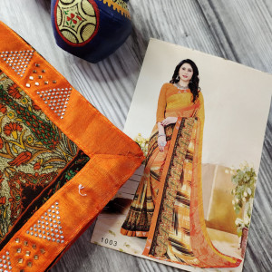 Orange color Beautiful Printed Saree with Swarovski work Border