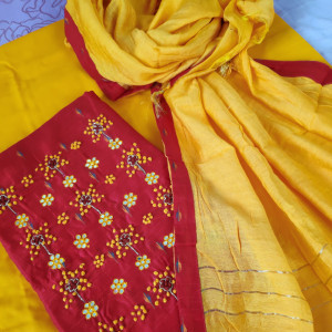 Red color Chanderi Handwork Party Wear Suit Material