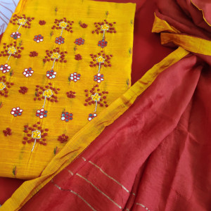 Yellow color Unstitched Suits - Chanderi Handwork Party Wear Suit Material