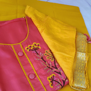 Pink color Unstitched Suits - Beautiful Embroidered Party Wear Suit With Chanderi Dupatta