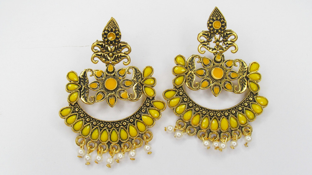 Crafted Handmade Earrings | Sunshine Yellow Color Round Shape Ajagar  Earrings - Excellent Crafts