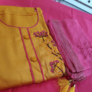 Yellow color Unstitched Suits - Beautiful Embroidered Party Wear Suit With Chanderi Dupatta