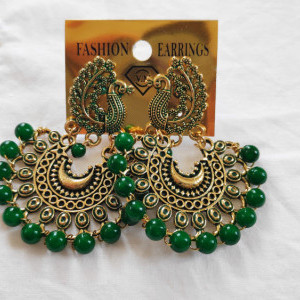 Dark Green color Fashion Jewellery - Women's Peacock Design Golden Earring