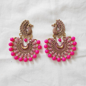 Magenta color Women's Peacock Design Golden Earring