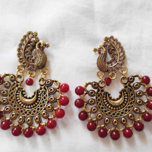 Maroon color Women's Peacock Design Golden Earring