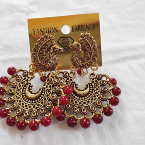 Maroon color Fashion Jewellery - Women's Peacock Design Golden Earring