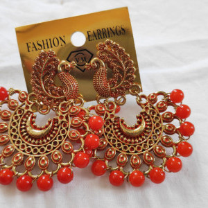 Orange color Fashion Jewellery - Women's Peacock Design Golden Earring