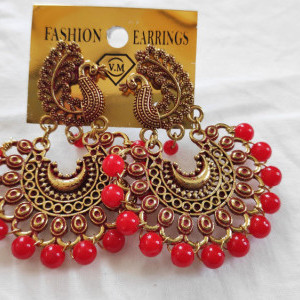 Red color Fashion Jewellery - Women's Peacock Design Golden Earring