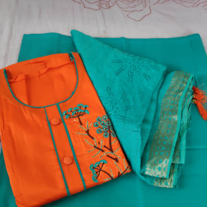 Orange color Unstitched Suits - Beautiful Embroidered Party Wear Suit With Chanderi Dupatta