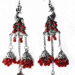Red color Women's Peacock 3 Silver Oxidized Jhumki earring 