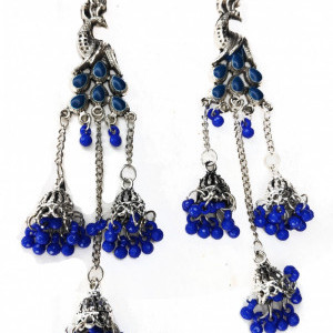 Royal Blue color Women's Peacock 3 Silver Oxidized Jhumki earring 