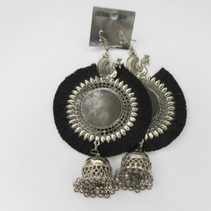 Black color Women's Silver Oxidised Mirror Earring