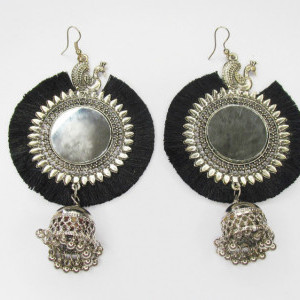 Black color Women's Silver Oxidised Mirror Earring