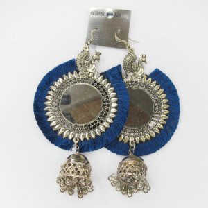 Blue color Women's Silver Oxidised Mirror Earring