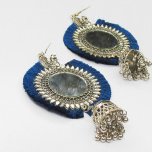 Blue color Fashion Jewellery - Women's Silver Oxidised Mirror Earring