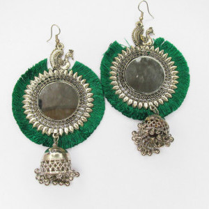 Dark Green color Women's Silver Oxidised Mirror Earring