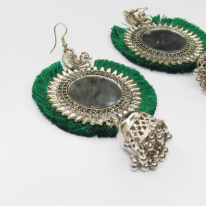 Dark Green color Fashion Jewellery - Women's Silver Oxidised Mirror Earring