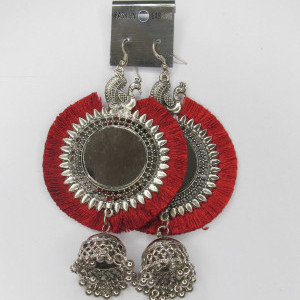 Maroon color Fashion Jewellery - Women's Silver Oxidised Mirror Earring