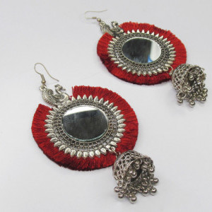 Maroon color Women's Silver Oxidised Mirror Earring