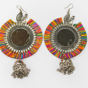 Multicolor color Women's Silver Oxidised Mirror Earring