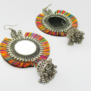 Multicolor color Fashion Jewellery - Women's Silver Oxidised Mirror Earring