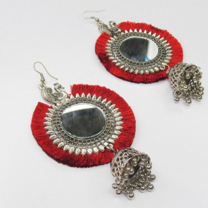 Red color Women's Silver Oxidised Mirror Earring