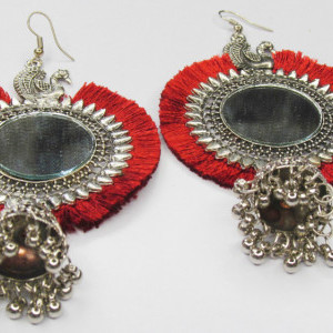 Red color Fashion Jewellery - Women's Silver Oxidised Mirror Earring
