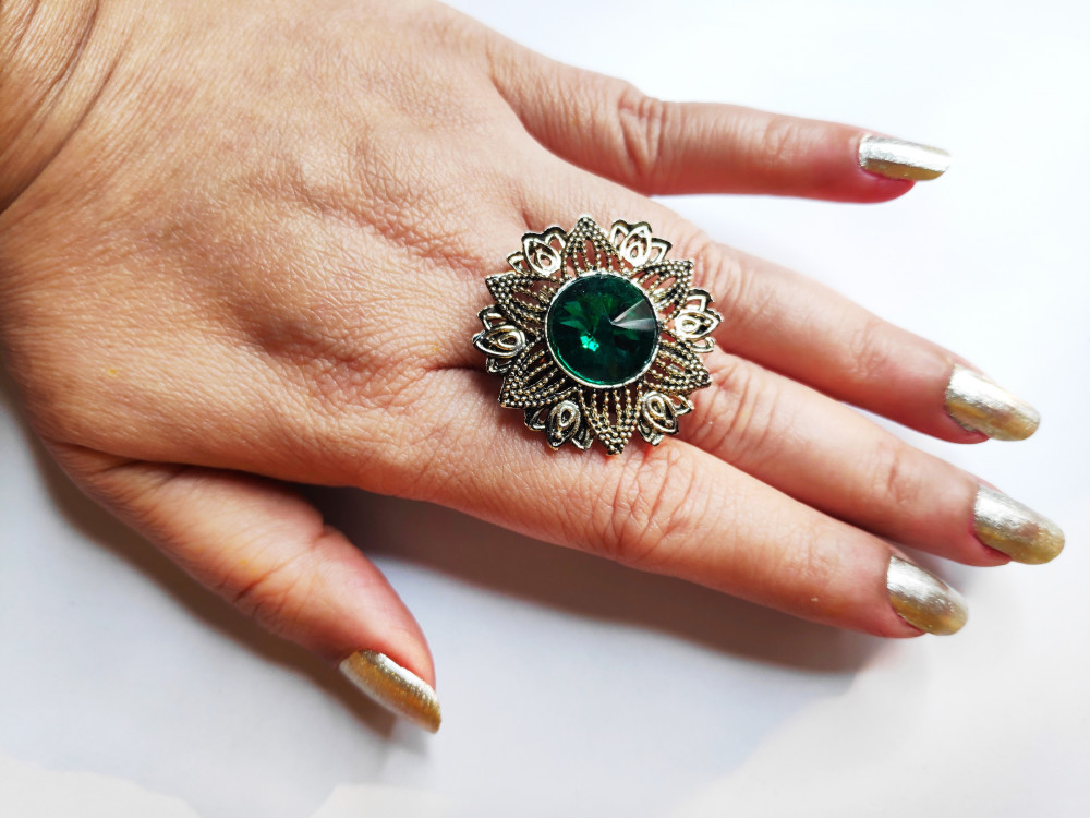 Buy Golden Statement Finger-Ring In A Sunflower Shape Adorned With White  Stones KALKI Fashion India