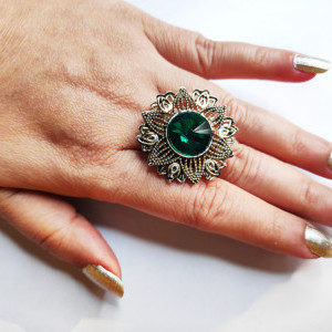 Dark Green color Oxidised Antique Silver tone Statement Finger ring for girls 