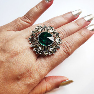 Dark Green color Oxidised Antique Silver tone Statement Finger ring for girls 