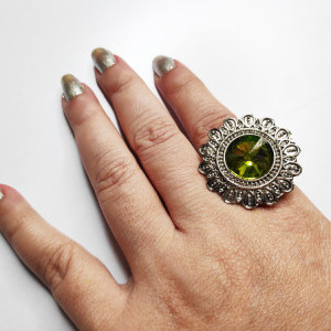 Light Green color Oxidised Antique Silver tone Statement Finger ring for girls 