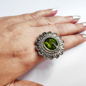 Light Green color Oxidised Antique Silver tone Statement Finger ring for girls 