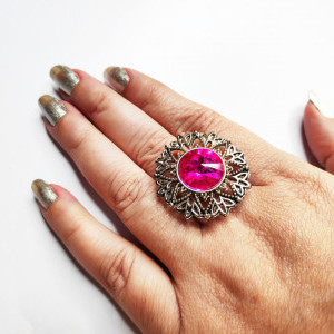 Fuchsia Pink color Fashion Jewellery - Oxidised Antique Silver tone Statement Finger ring for girls 