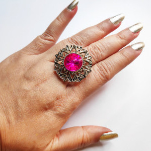 Fuchsia Pink color Oxidised Antique Silver tone Statement Finger ring for girls 