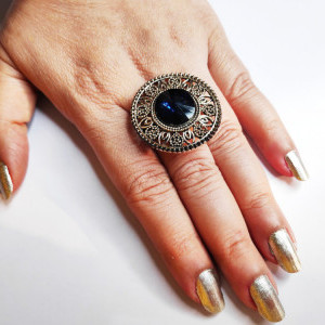 Navy Blue color Oxidised Antique Silver tone Statement Finger ring for girls 