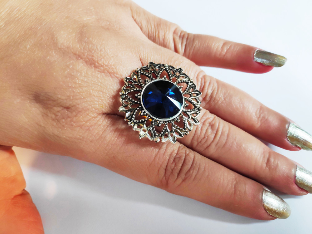 Oxidized, Silver Replica, Party Wear, Stone Finger Ring (Aqua Blue)