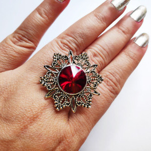 Red color Oxidised Antique Silver tone Statement Finger ring for girls 