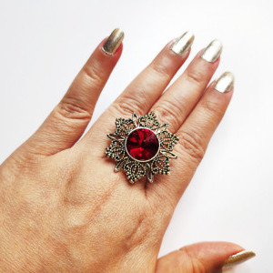 Red color Fashion Jewellery - Oxidised Antique Silver tone Statement Finger ring for girls 