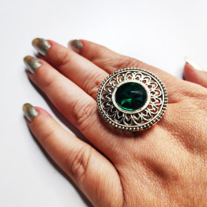 Dark Green color Fashion Jewellery - Oxidised Antique Silver tone Statement Finger ring for girls 