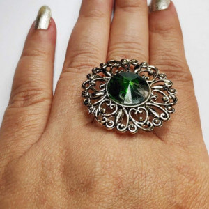 Green color Oxidised Antique Silver tone Statement Finger ring for girls 