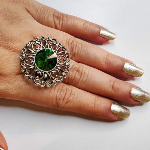 Green color Oxidised Antique Silver tone Statement Finger ring for girls 