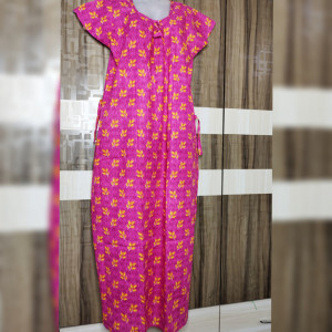 Pink color Leaf design Cotton Printed Nighty for women