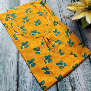 Mustard color Nightwear - Leaf design Cotton Printed Nighty for women